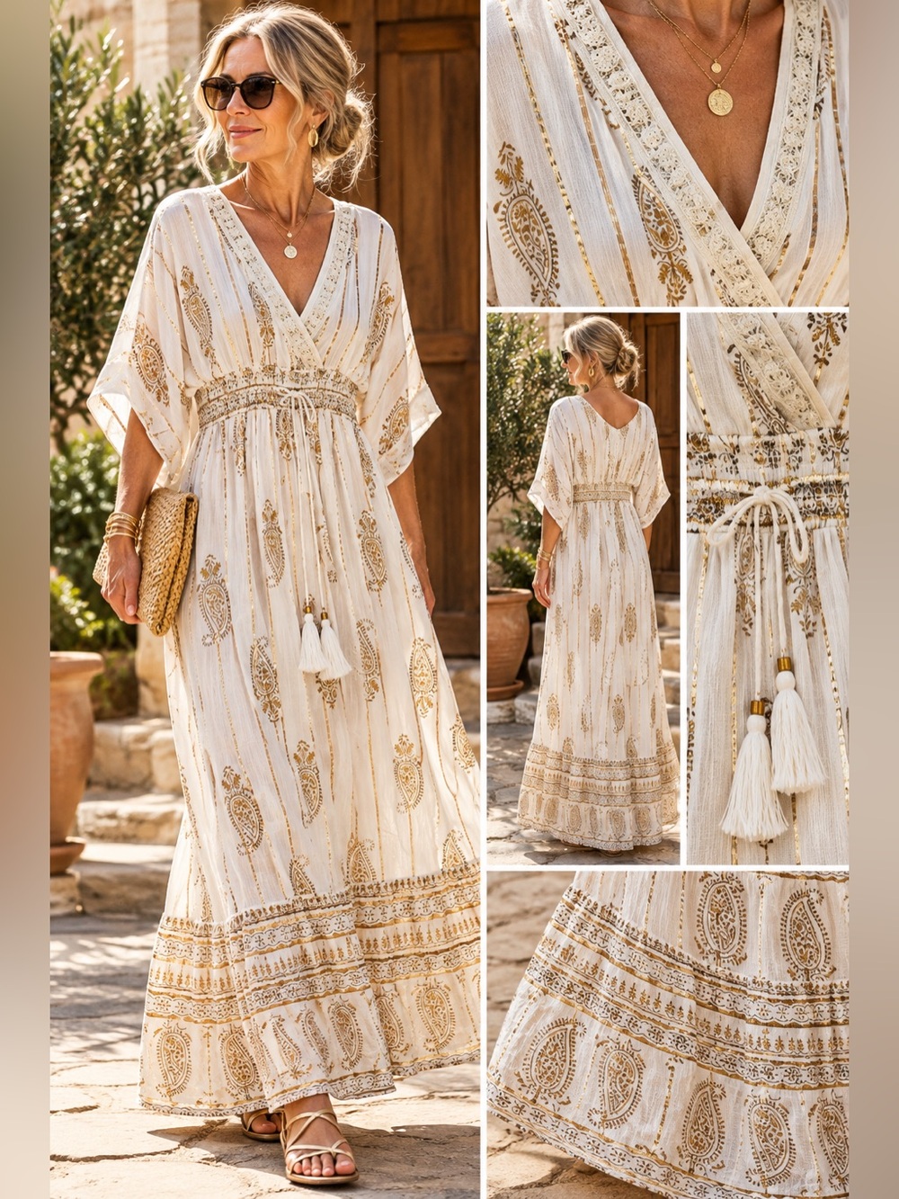 Willow Blossom White Gold Boho Maxi Dress M/M Metallic Paisley Resort
